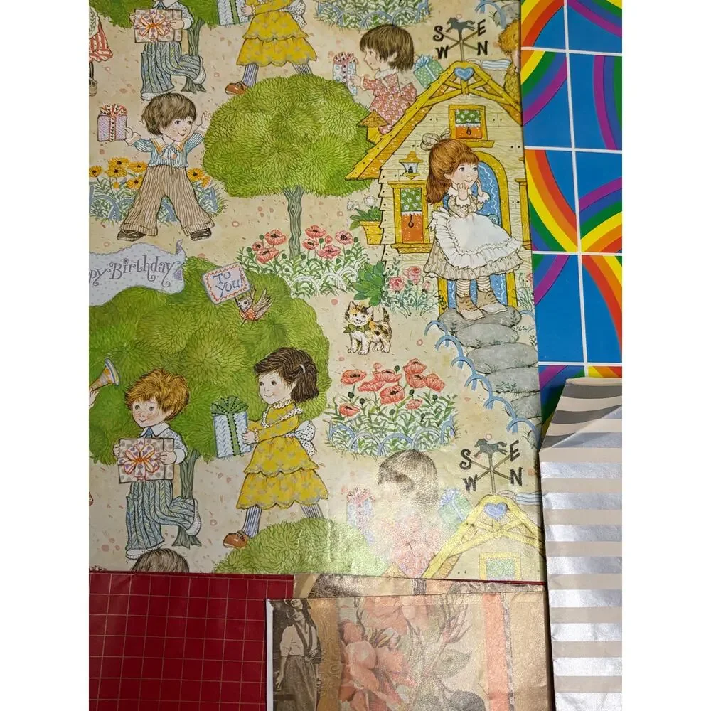 Vntg Wrapping Paper Gift Wrap Lot 4.9 oz Scrapbook Junk Journal Kids Fairy Farm